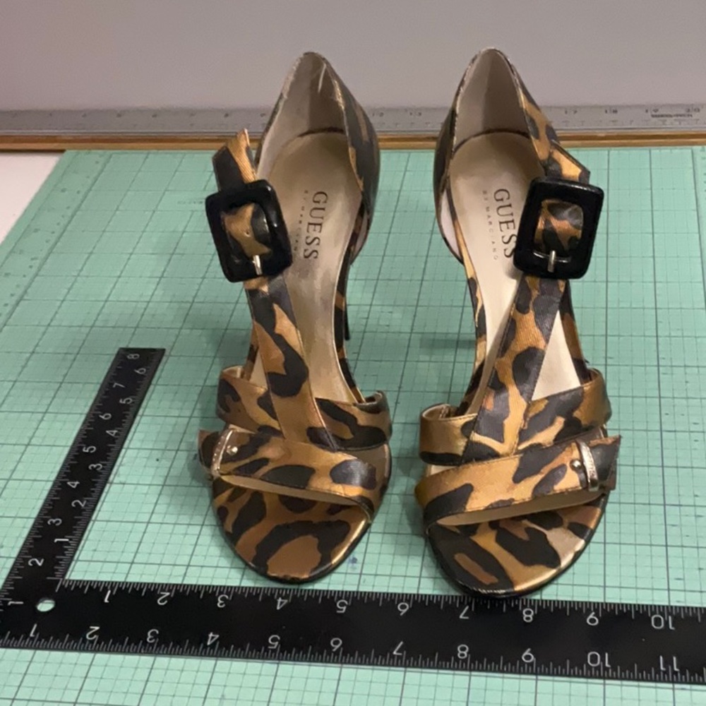 Guess by Marciano Leopard print, open toe, high heel strapped shoe with buckle